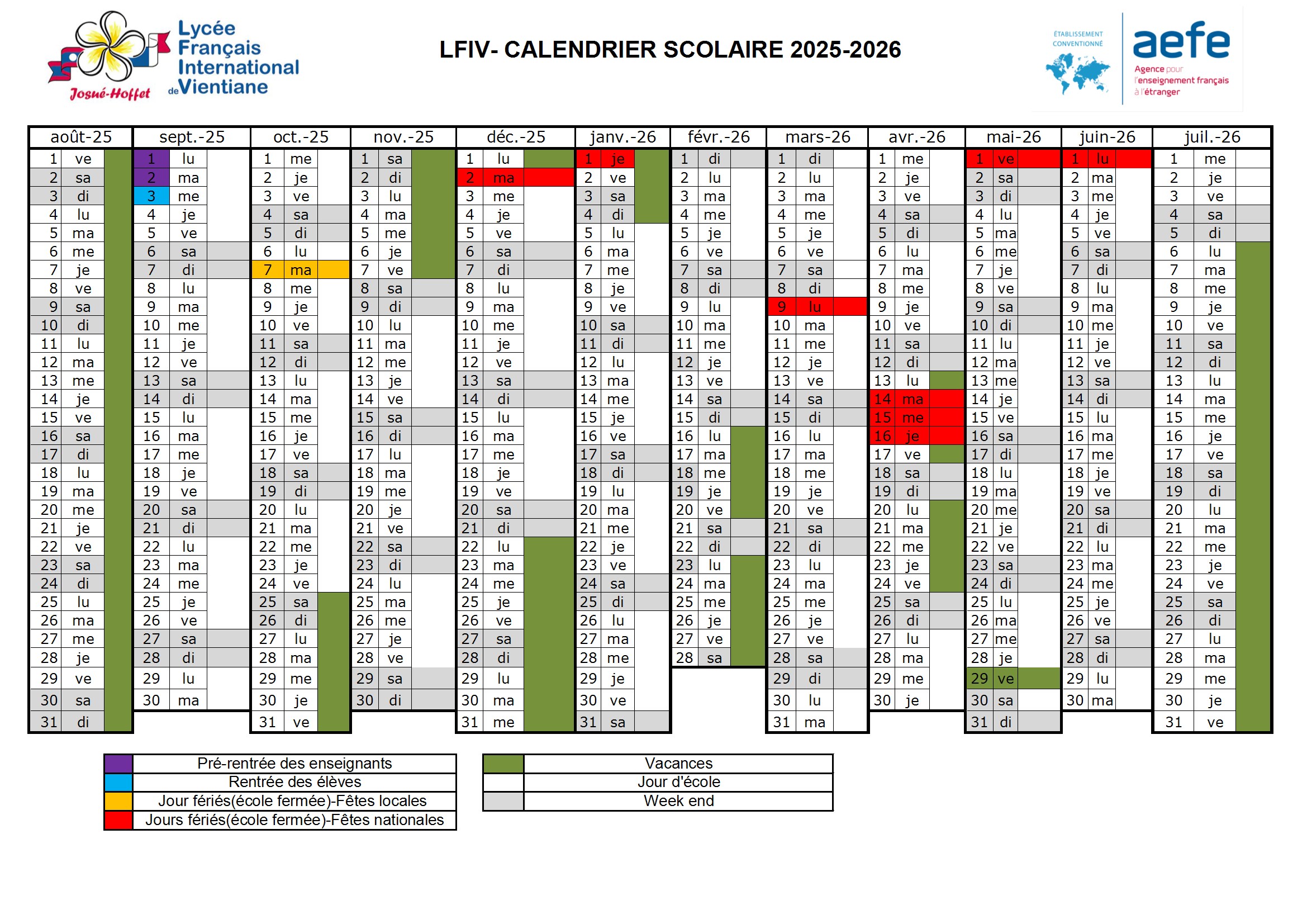 Calendrier scolaire LFIV 2025-2026