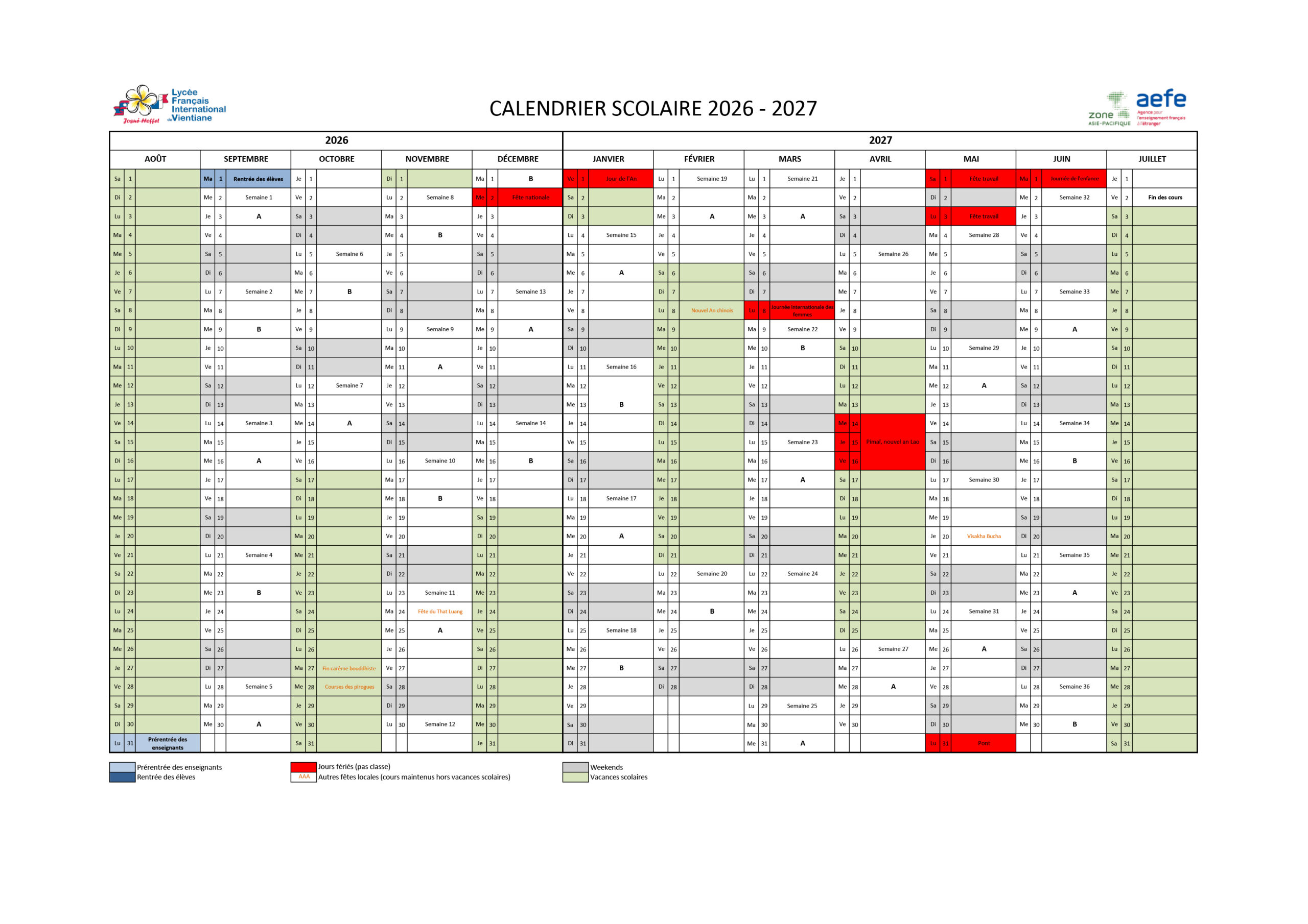 Calendrier scolaire 2026-2027